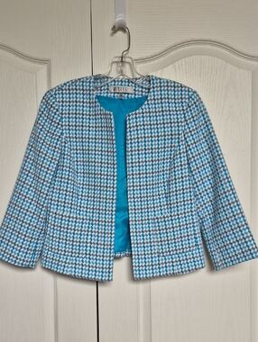 Kasper Women's Teal and White Houndstooth Collarless Blazer